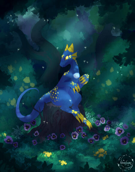 art of a kobold sitting on a tree stump, surrounded by flowers in a forest, with rays of sunlight peeking through the trees